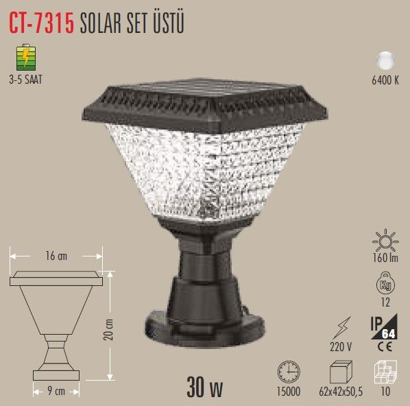 Cata CT-7315 30 WATT SOLAR SET ÜSTÜ BAHÇE ARMATÜRÜ BEYAZ